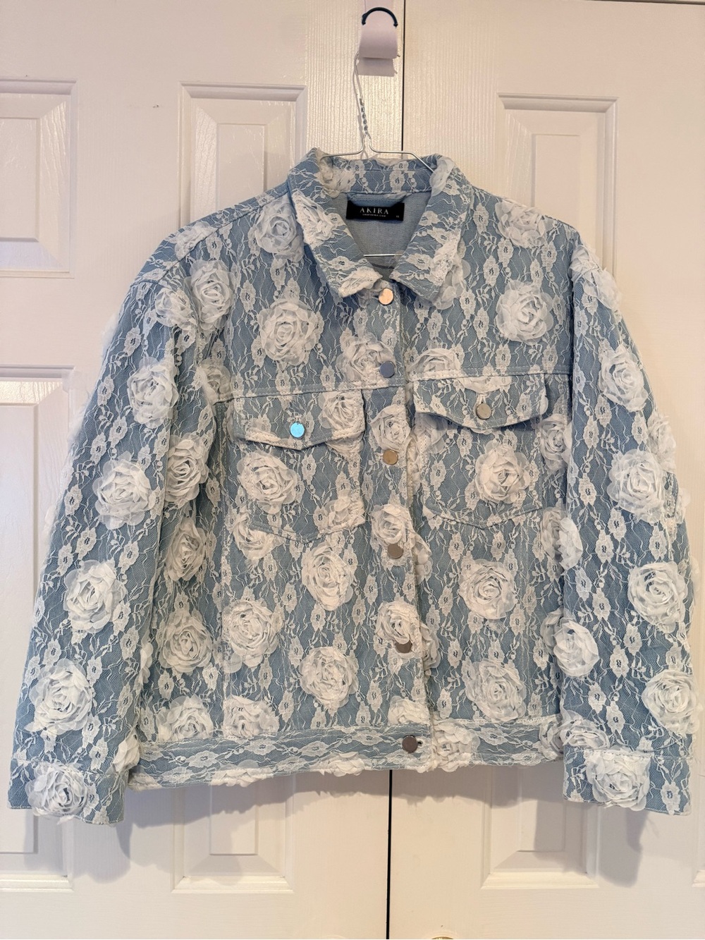 Akira Light Blue Lace Roses Floral 2D Denim Jacket with Pockets